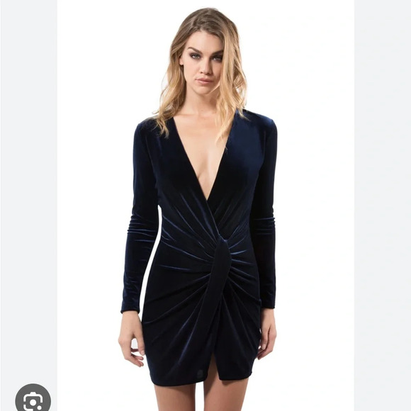BLACK HALO NWT Lara Navy Blue Velvet Twist Mini Dress - Picture 1 of 12